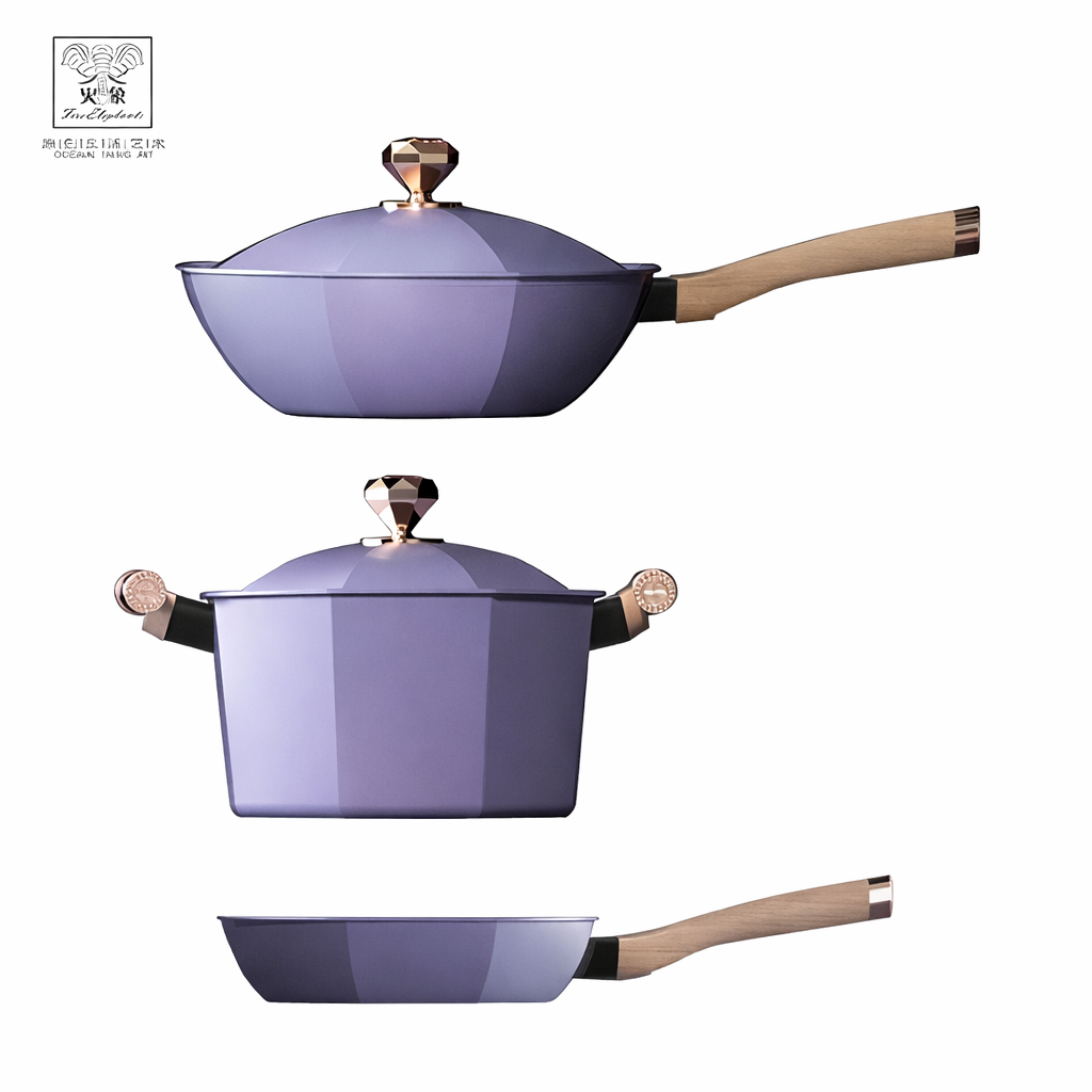 3-Piece Octagonal Nonstick Cookware Set – Lavender Purple Kitchen Pots & Pan Set with Lid, Premium Multi-Layer Bottom, Elegant Sapphire Diamond Design