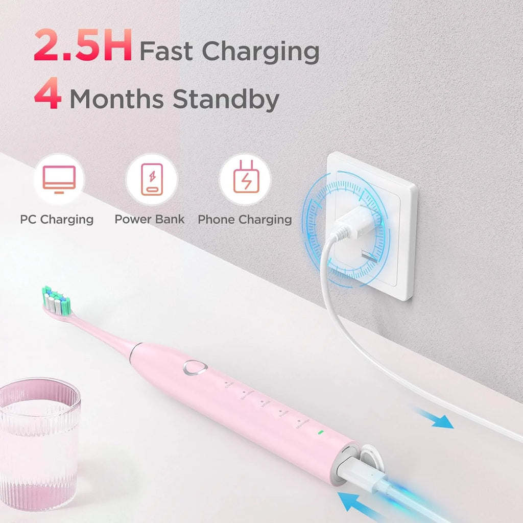 S5 Electric Toothbrush Sonic Rechargeable Toothbrush with 5 Modes 40000 Vibrations Timer Waterproof with 8 Brush Heads