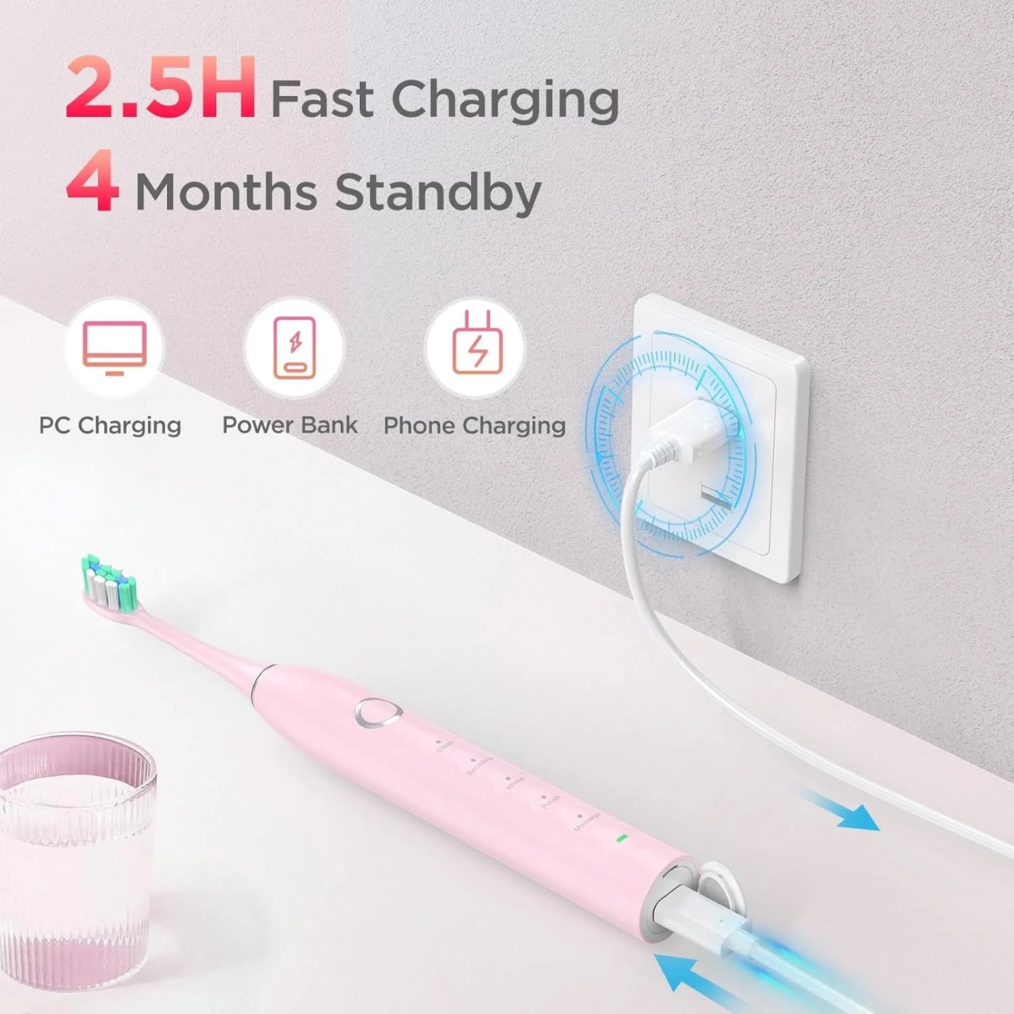 S5 Electric Toothbrush Sonic Rechargeable Toothbrush with 5 Modes 40000 Vibrations Timer Waterproof with 8 Brush Heads