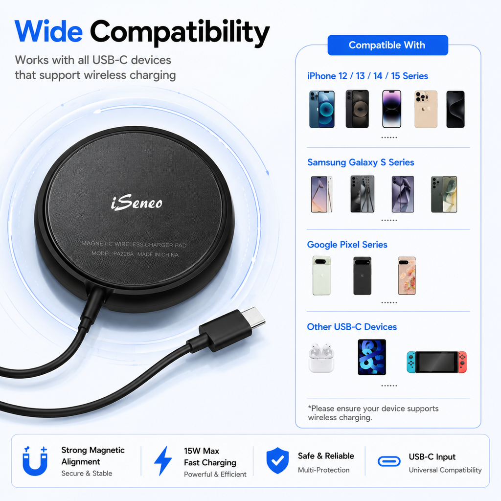 iSeneo WaveCharger 228 Magnetic Wireless Charger Pad with USB-C Cable, 15W Max Fast Charging, Black