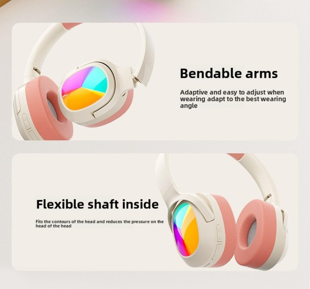Bluetooth 5.3 Over-Ear Headphones with RGB Lighting – Cream