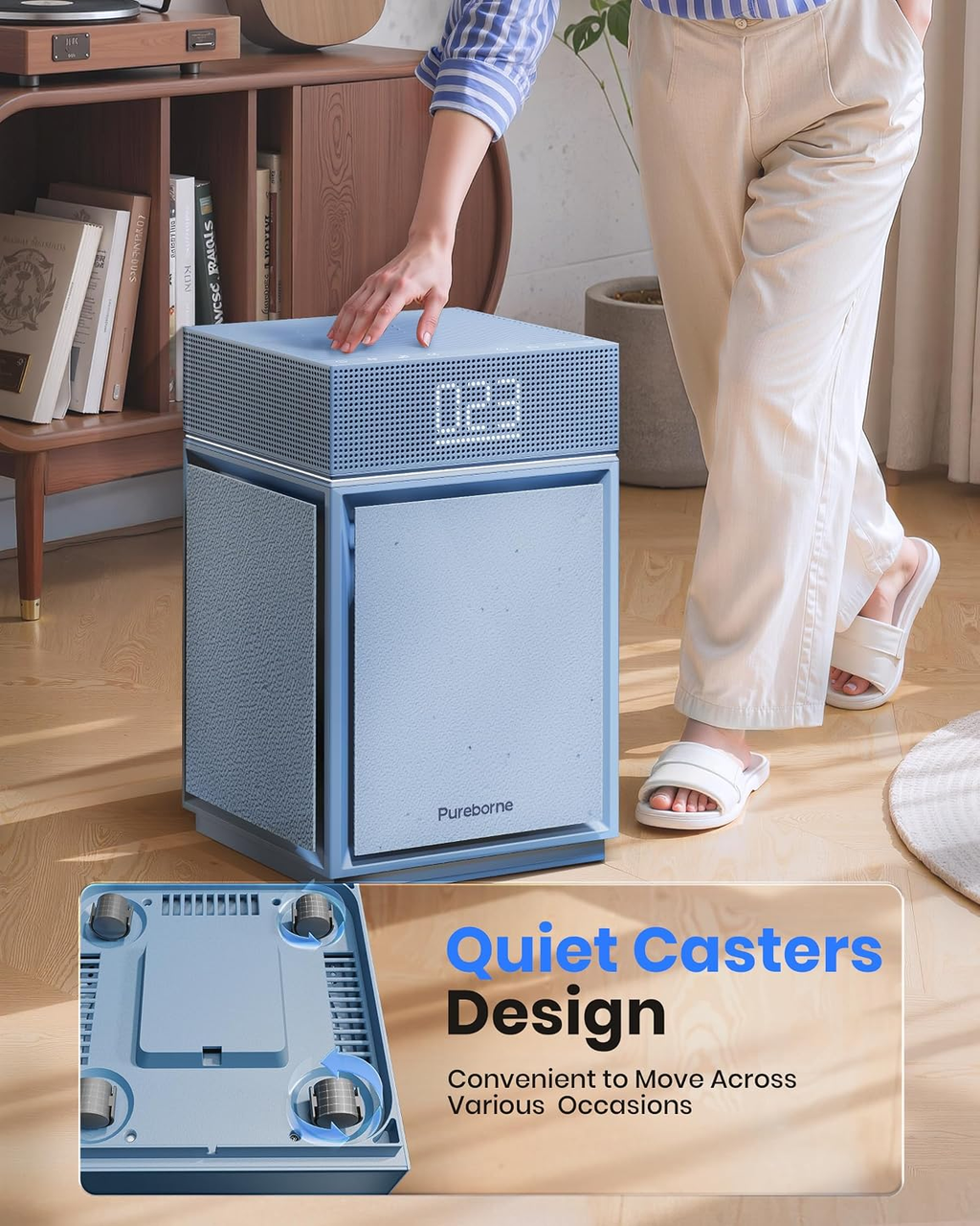 Pureborne PB6866 Large Room True HEPA Air Purifier with PM2.5 Display, Three-Sided Air Intake, Blue