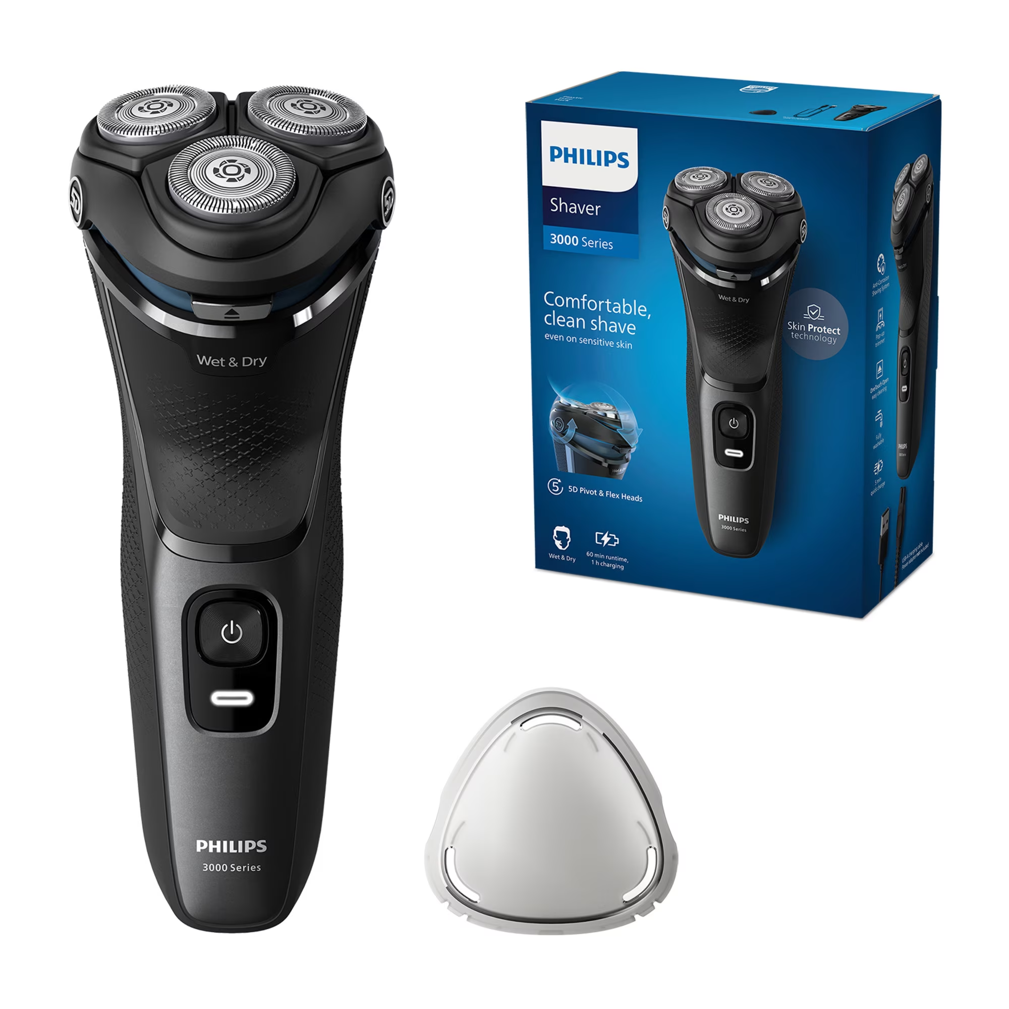 Philips Series 3000 Wet & Dry Rotary Electric Shaver with 5D Flex Heads, USB Charging & Protective Cap - Black