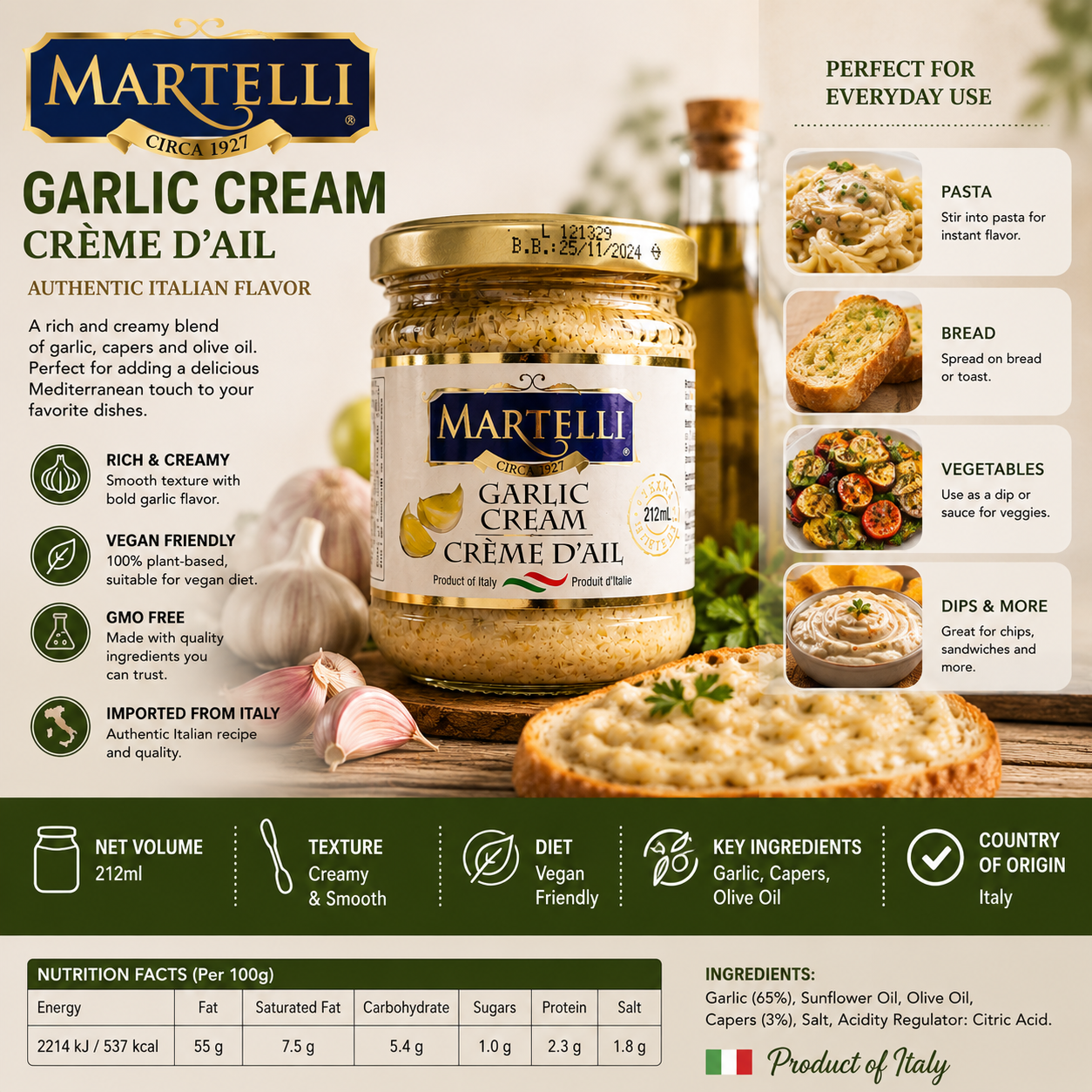Martelli Italian Garlic Cream Spread – 212ml Vegan Garlic Sauce & Dip for Bread Pasta and Vegetables 2 Pack