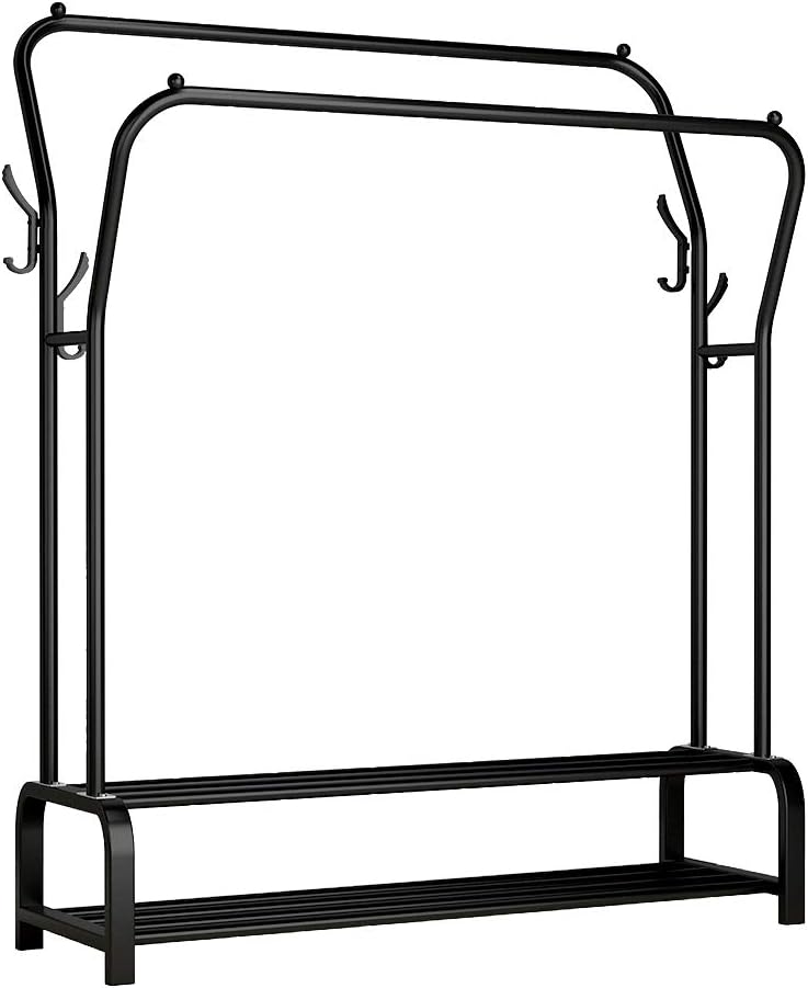 UDEAR Garment Rack Freestanding Hanger Double Rods Multi-functional Bedroom Clothing Rack, Double layer ，4 Hooks，Black