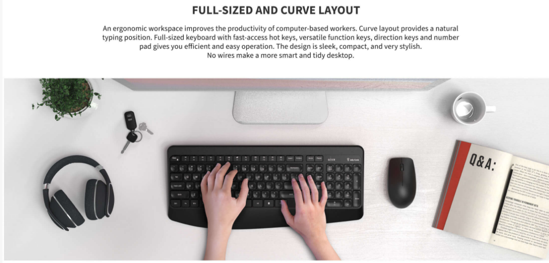 Jelly Comb KS65 Ergonomic Wireless Keyboard and Mouse Combo – 2.4GHz Full-Size Keyboard with Palm Rest & USB Mouse for PC Laptop Desktop