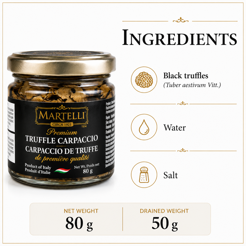Martelli Premium Truffle Carpaccio 80g, Black Truffle Slices in Water, Ready to Use, Best Before Mar 30, 2030