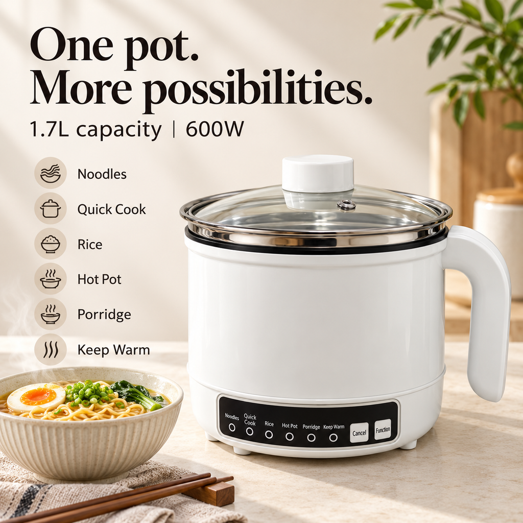 1.7L Multifunction Electric Cooking Pot with Stainless Steel Steamer, Non-Stick Interior & Glass Lid, 600W