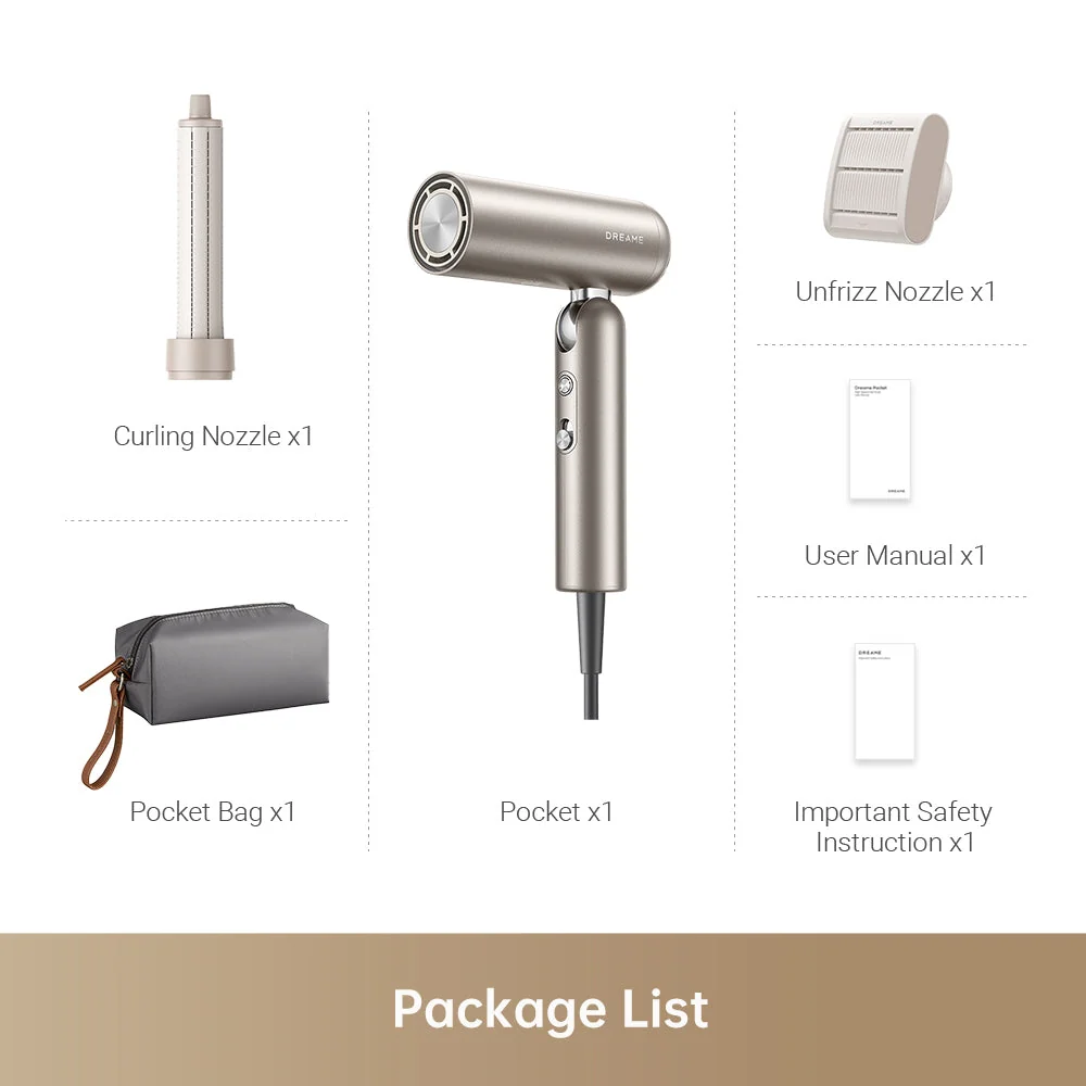 Open Box – Dreame Pocket Foldable High-Speed Ionic Hair Dryer with Styling Attachments & Travel Pouch