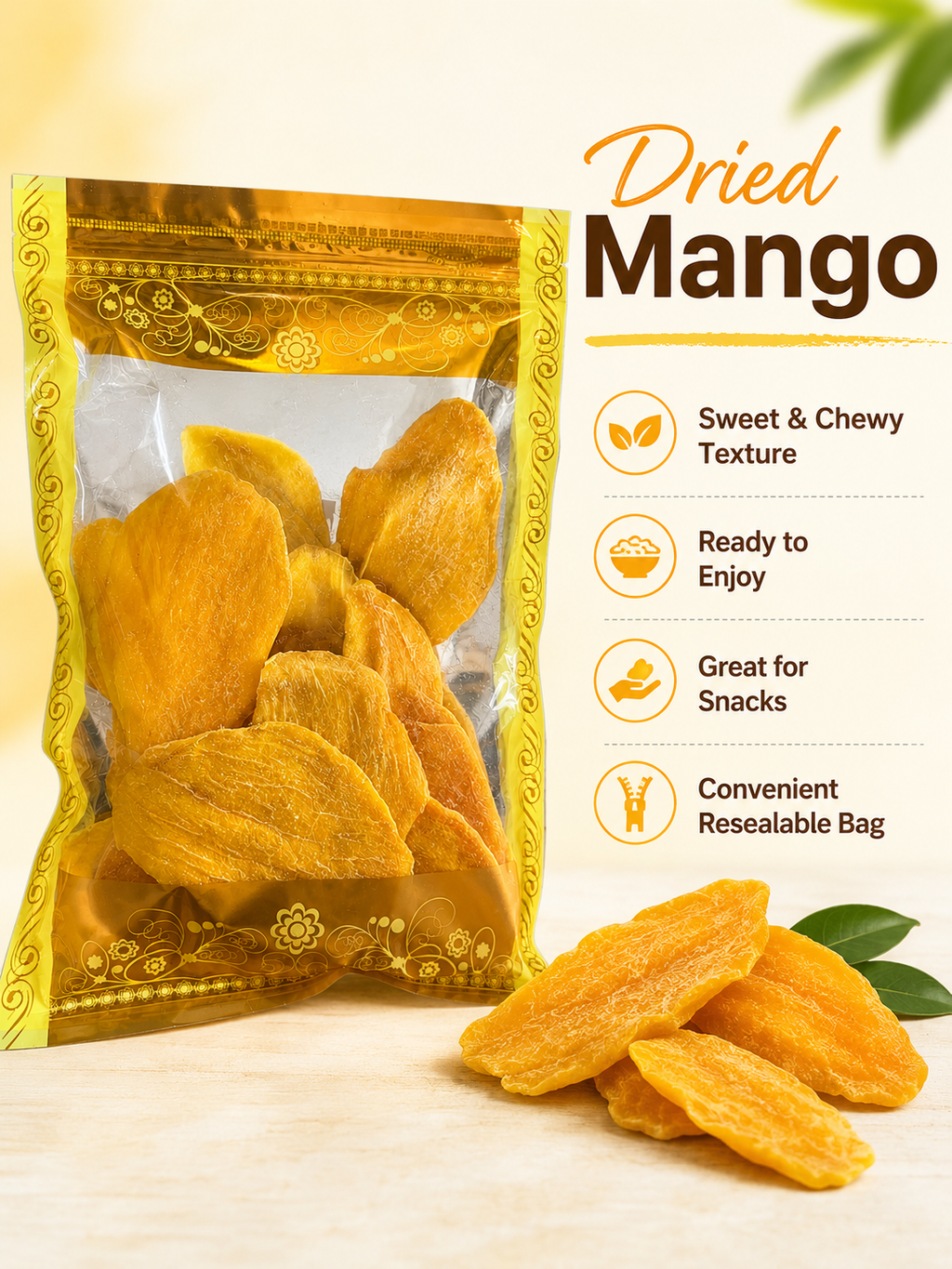 1 lb Dried Mango Slices – Sweet & Chewy Fruit Snack | Resealable Stand-Up Pouch