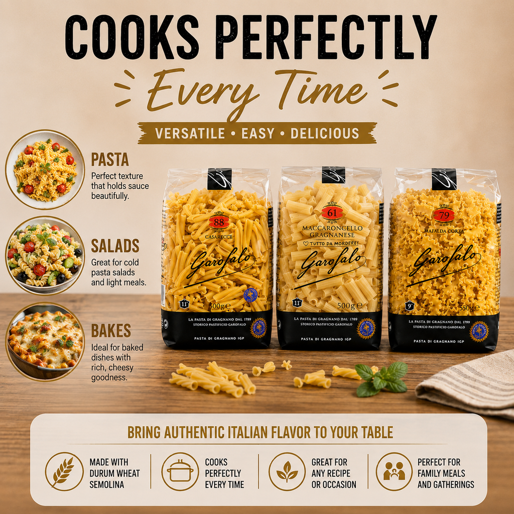Garofalo Pasta Variety Pack, 3 × 500g, Casarecce No.88, Maccaroncello Gragnanese No.61 & Mafalda Corta No.79, Durum Wheat Semolina Pasta Bundle