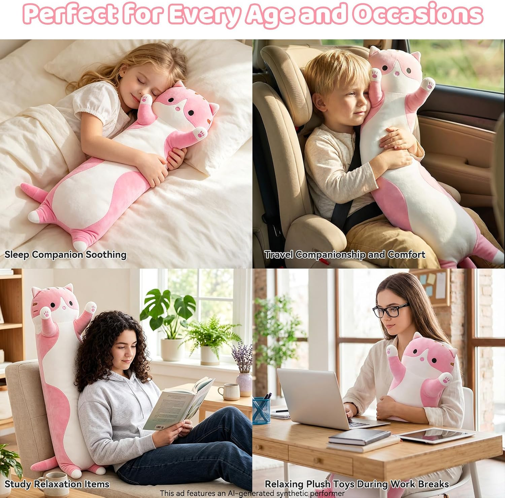 Long Cat Plush Body Pillow, Soft Stuffed Animal Cuddle Toy, 19.6 Inch, Gray or Pink