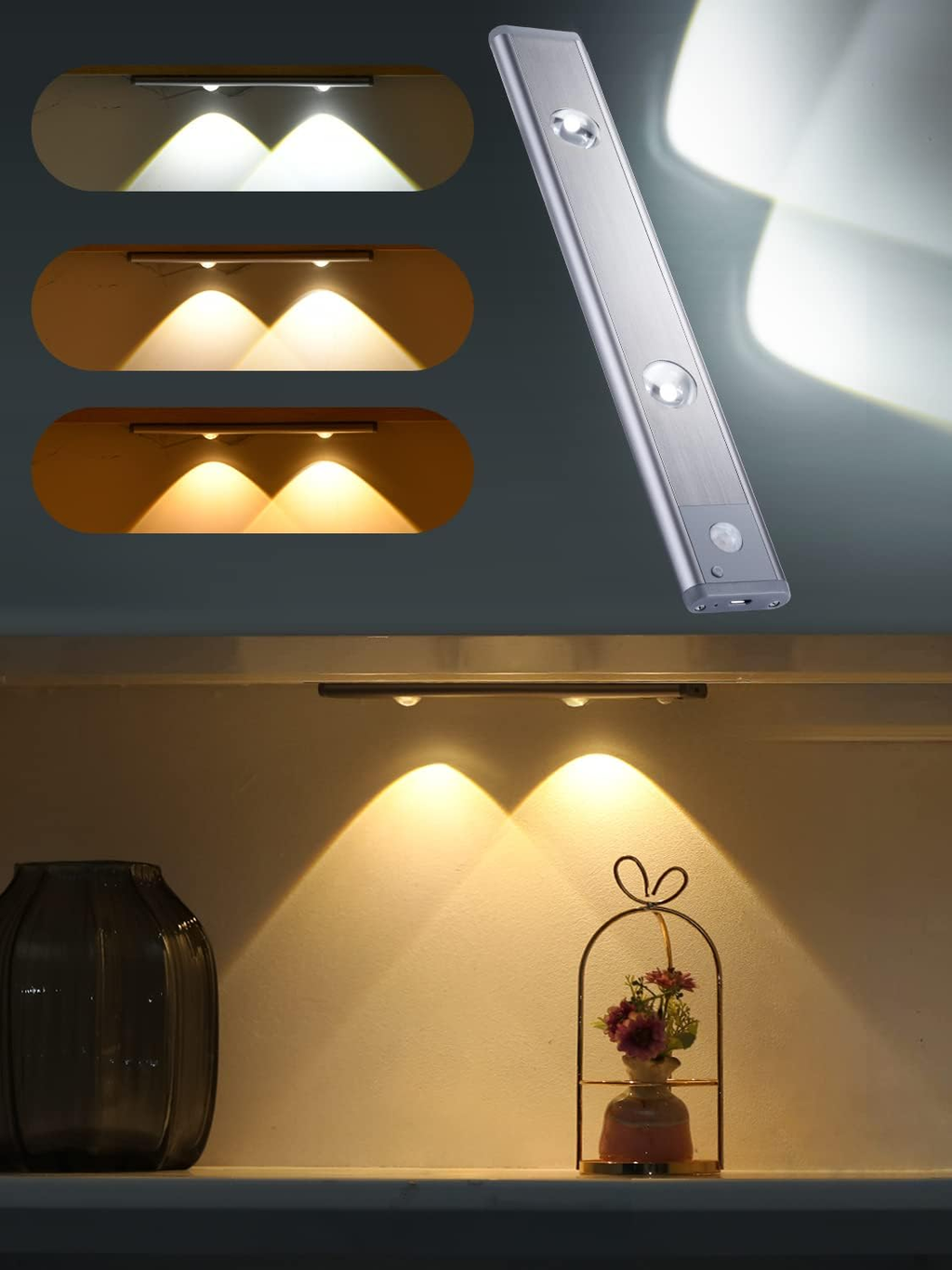 3 Color Dimmable Motion Sensor Under Cabinet Lights Wireless,1500mAh Rechargeable Battery Operated LED Closet Light Bar, Stick on Anywhere Under Cabinet Lighting for Kitchen, Stair, Wardrobe,10.43"