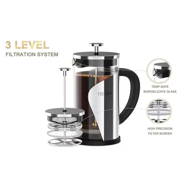 600ML French Press Coffee Maker – Stainless Steel & Glass Coffee Press with 4-Level Filtration for Coffee & Tea