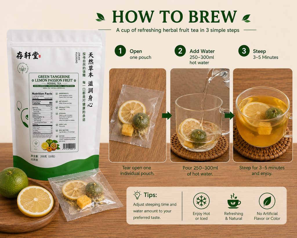 Green Tangerine Lemon Passion Fruit Herbal Tea, Freeze-Dried Fruit Tea, 10 Individually Wrapped Tea Pouches, 200g Resealable Bag