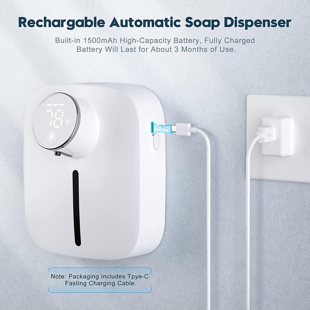 Automatic Foaming Soap Dispenser Wall Mounted – Touchless Sensor Soap Dispenser with Temperature Display, 3-Level Foam Control, USB Rechargeable (320ml)