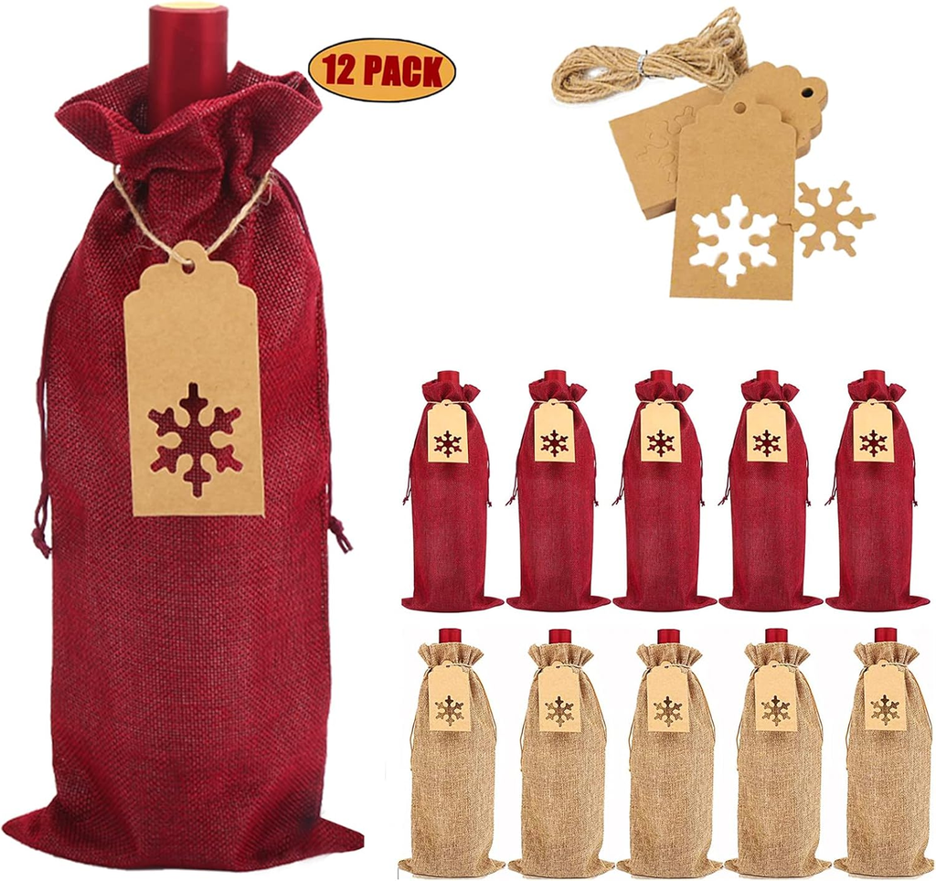 Christmas Burlap Wine Gift Bags with Drawstrings & Snowflake Tags – Red & Natural