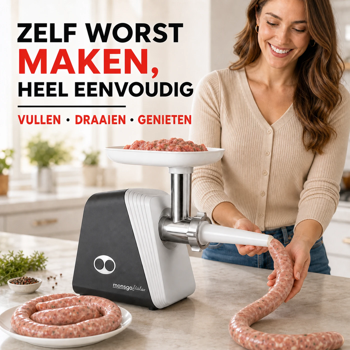 MONSGA G100 Electric Meat Grinder, 300W Rated / 1200W Max, with 3 Grinding Plates, Sausage, Kibbe & Cookie Attachments