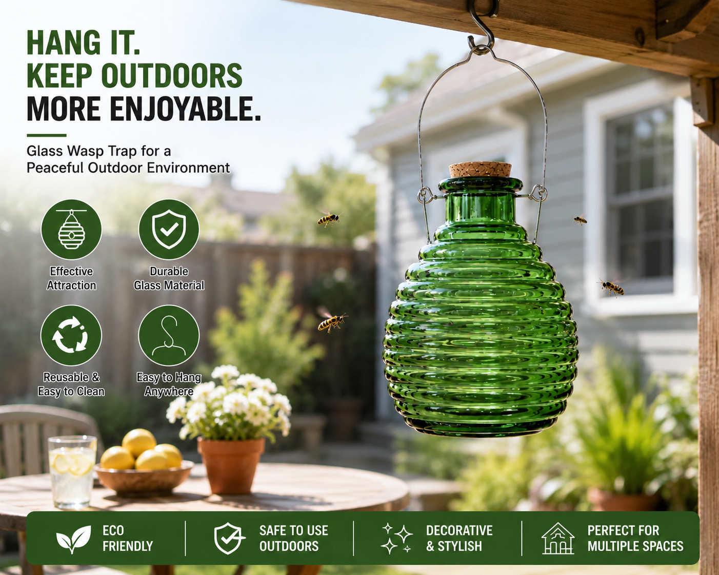Reusable Hanging Glass Wasp Trap for Garden, Patio & Backyard