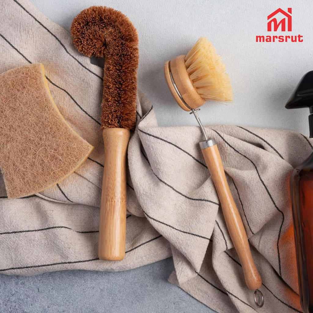 2Pcs Coconut Brush Fiber Bottle Wooden Cleaning Brush, Scrub Head for Deep Pan Cleaning Washing, Sturdy Natural Eco-Friendly Handle Holder, Bristle Scrubber for Kitchen Dishes Vegetable, Dark Brown