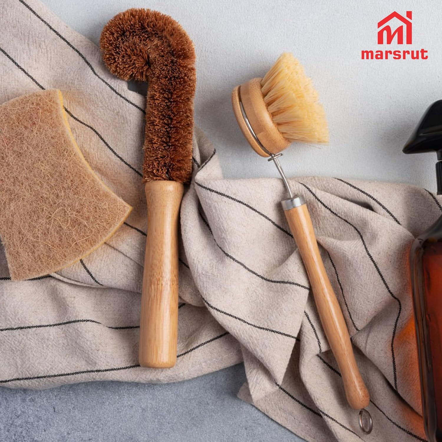 2Pcs Coconut Brush Fiber Bottle Wooden Cleaning Brush, Scrub Head for Deep Pan Cleaning Washing, Sturdy Natural Eco-Friendly Handle Holder, Bristle Scrubber for Kitchen Dishes Vegetable, Dark Brown