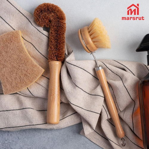 2Pcs Coconut Brush Fiber Bottle Wooden Cleaning Brush, Scrub Head for Deep Pan Cleaning Washing, Sturdy Natural Eco-Friendly Handle Holder, Bristle Scrubber for Kitchen Dishes Vegetable, Dark Brown