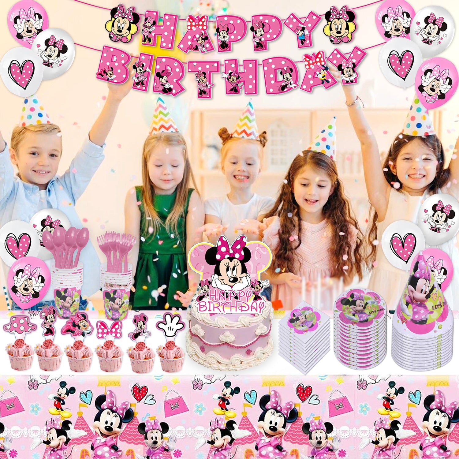 Pink Cartoon Bow Theme Birthday Party Decorations Set – Kids Girls Party Supplies with Banner, Balloons, Tableware & Cake Toppers