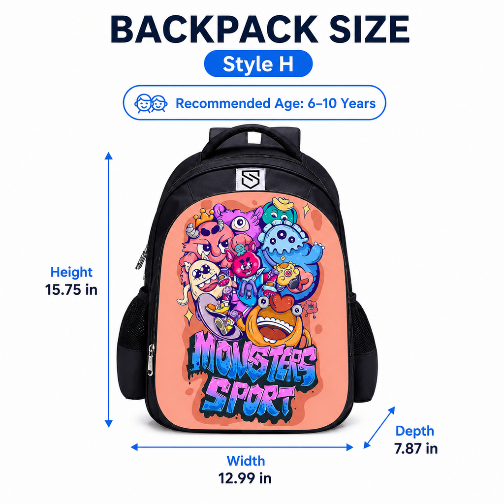 Kids Cartoon Monster Print School Backpack with Front Zip Pocket and Dual Side Mesh Pockets, 15.75 x 12.99 x 7.87 in, Style H