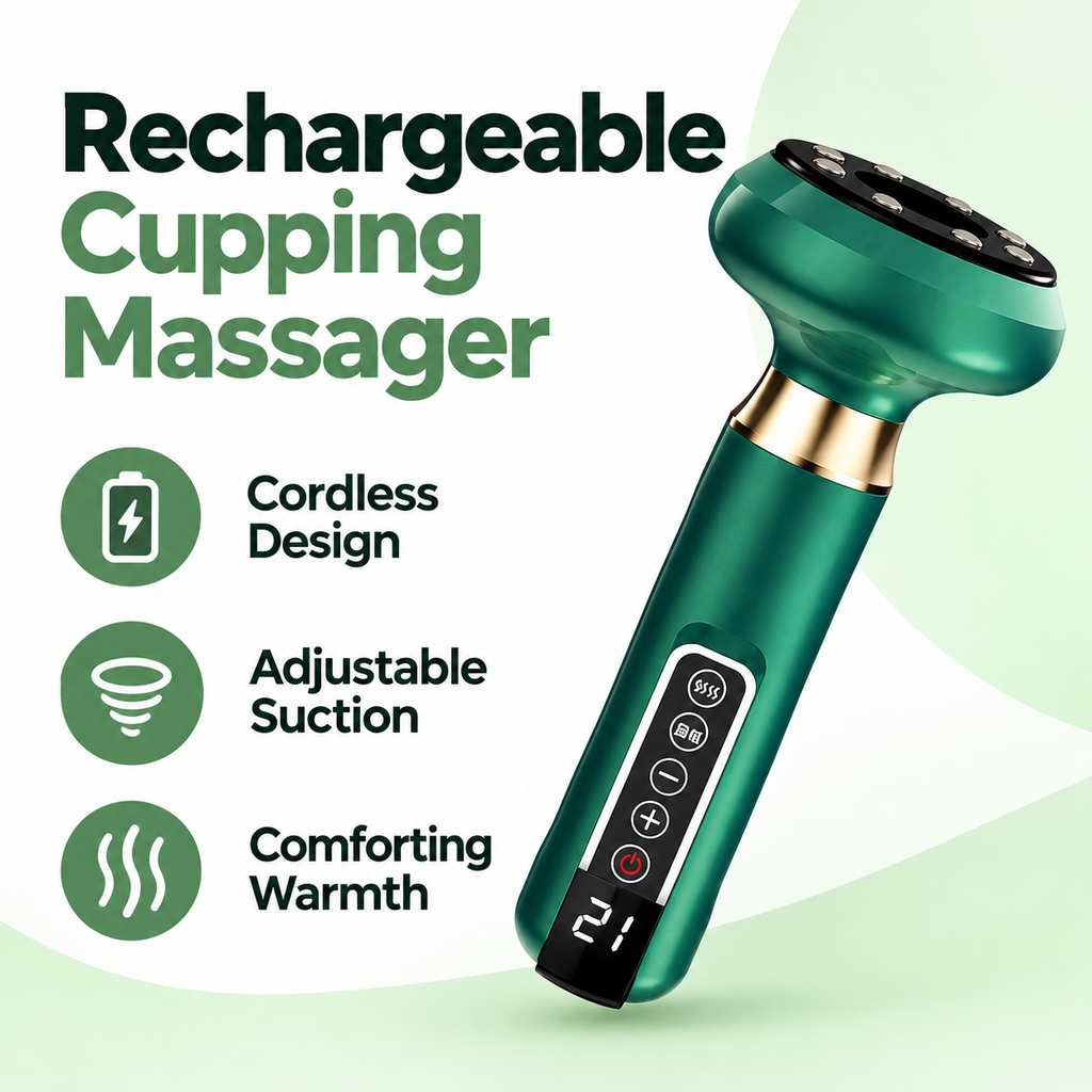 Rechargeable Electric Cupping Massager with Heat, 12 Suction Levels & 20 mL Massage Oil – Green