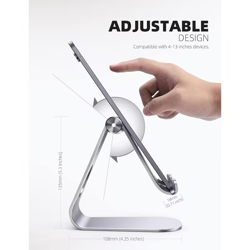 Adjustable Aluminum Tablet Stand – Desktop Phone and Tablet Holder for 4 to 13 Inch Devices