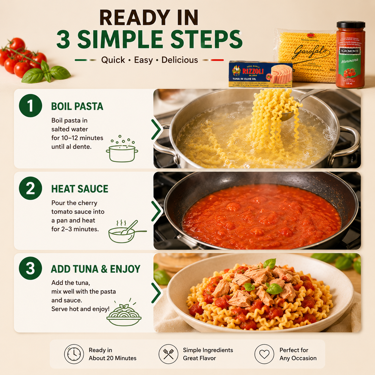 Italian Pasta Meal Kit Set – Fusilli Lunghi Pasta, Tuna in Olive Oil & Cherry Tomato Pasta Sauce, Easy Family Meal Bundle
