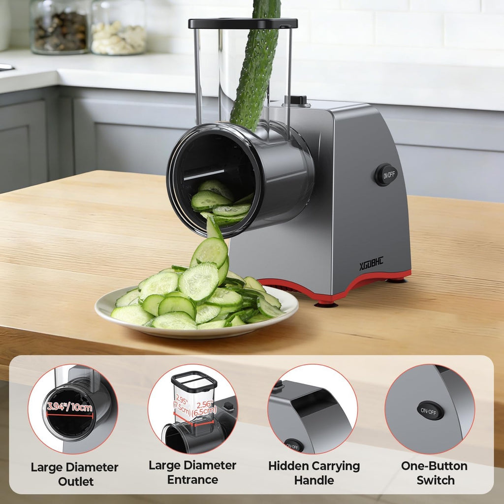 250W Electric Cheese Grater & Salad Maker with 6 Blades, Multi-Function Vegetable Slicer & Shredder for Cheese, Fruits, Nuts