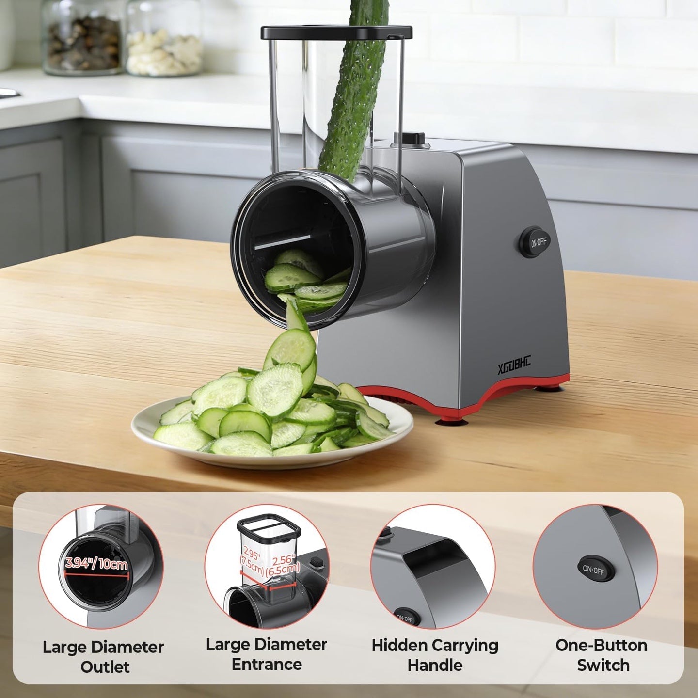 250W Electric Cheese Grater & Salad Maker with 6 Blades, Multi-Function Vegetable Slicer & Shredder for Cheese, Fruits, Nuts
