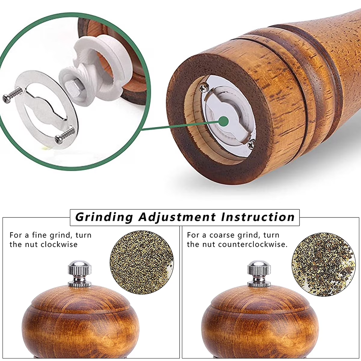 Wood Pepper Mill Grinder Adjustable Ceramic Core Salt & Pepper Grinder Refillable Oak Wood Mill 5in8in10in