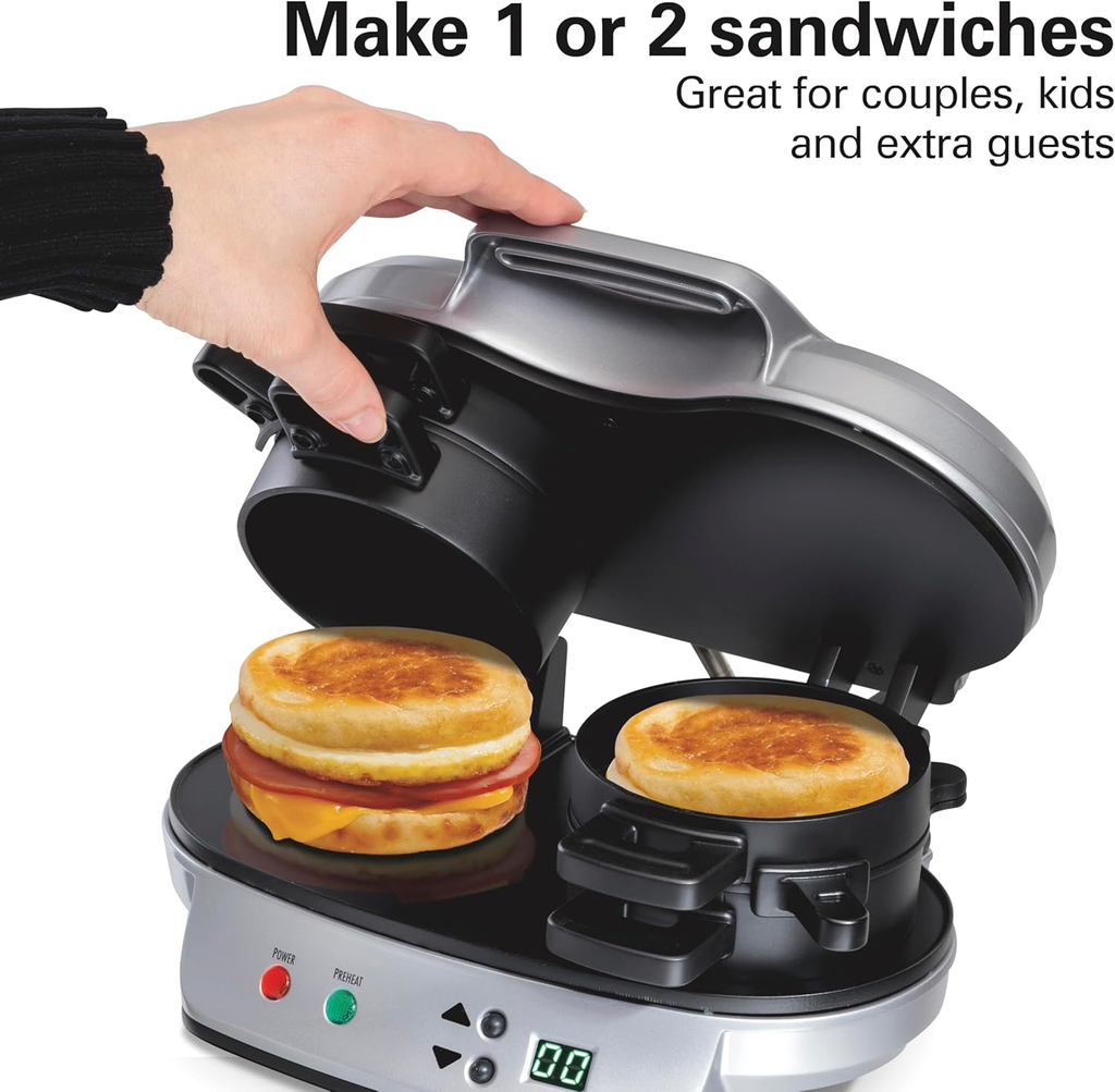 Open Box - Excellent | Hamilton Beach Dual Breakfast Sandwich Maker with Timer, Dual Cooking, Non-Stick Plates, Dishwasher Safe Parts, Silver