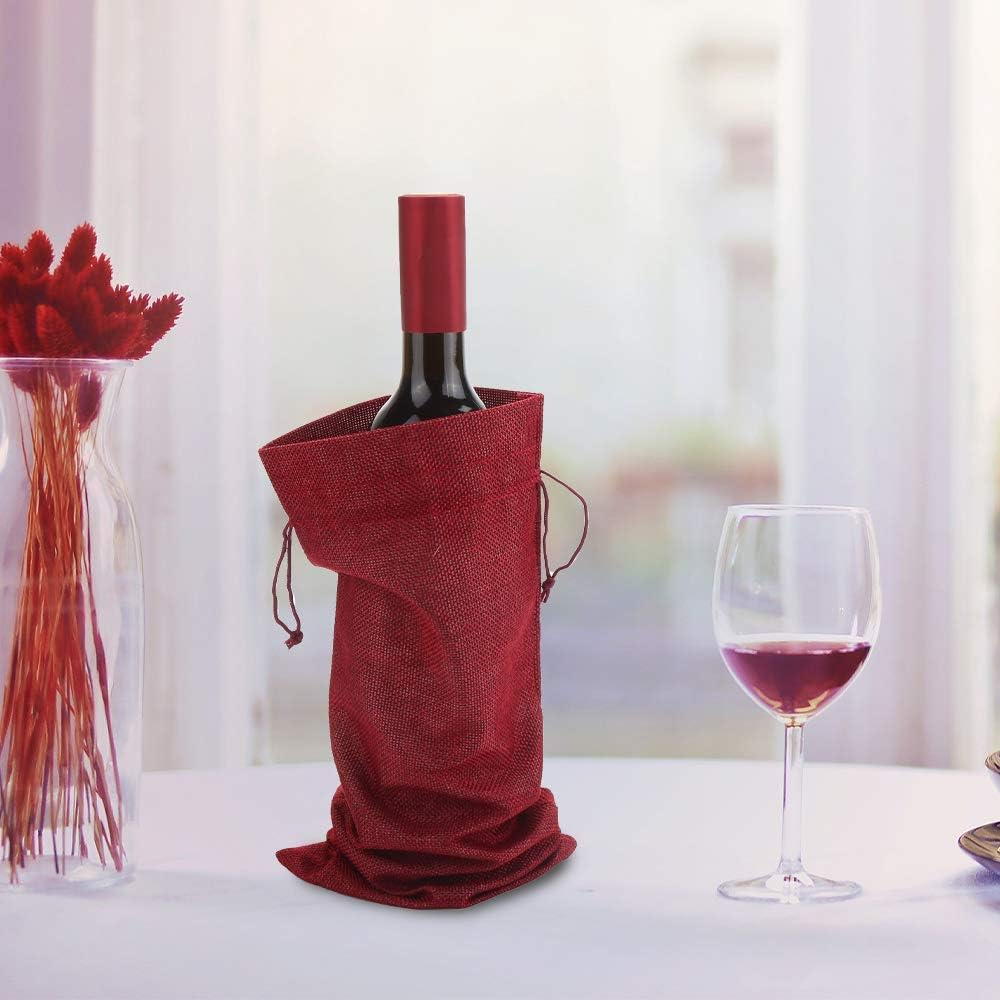 Christmas Burlap Wine Gift Bags with Drawstrings & Snowflake Tags – Red & Natural
