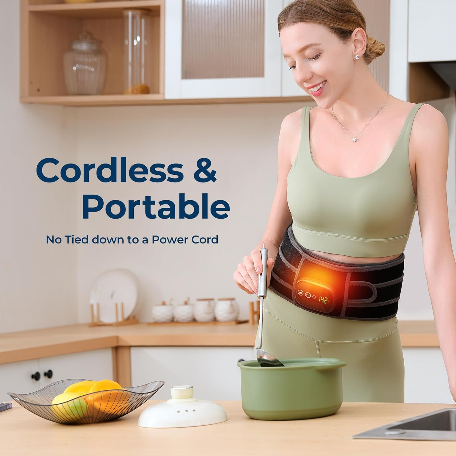 Cordless Heating Pad & Massager Belt, Rechargeable Heated Waist Wrap with 3 Heat Levels and 3 Massage Modes