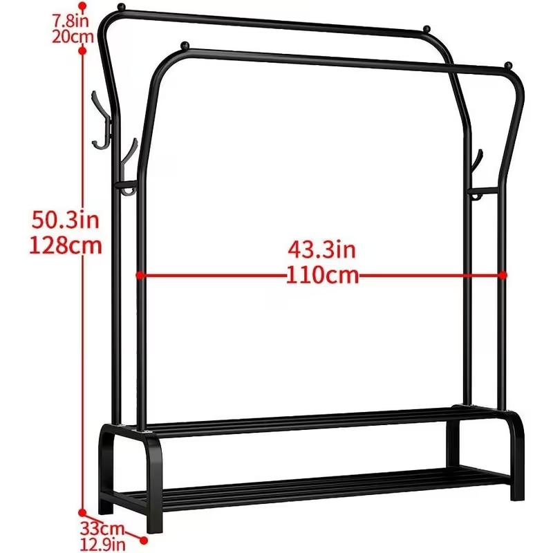 Double Rod Garment Rack with Shelf – Heavy Duty Freestanding Clothing Rack with Shoe Storage & Hooks for Bedroom, Entryway & Closet Organization