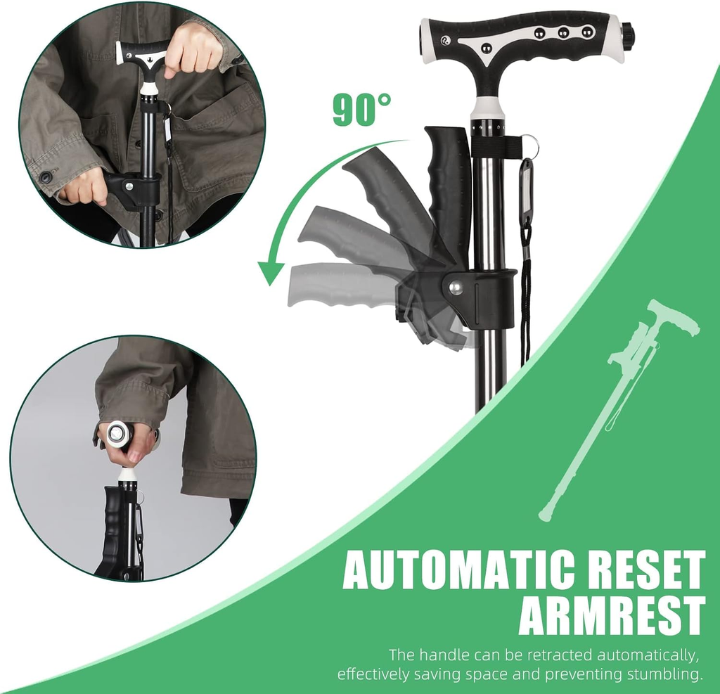 Foldable Adjustable Walking Cane with LED Light and Freestanding Base – Black