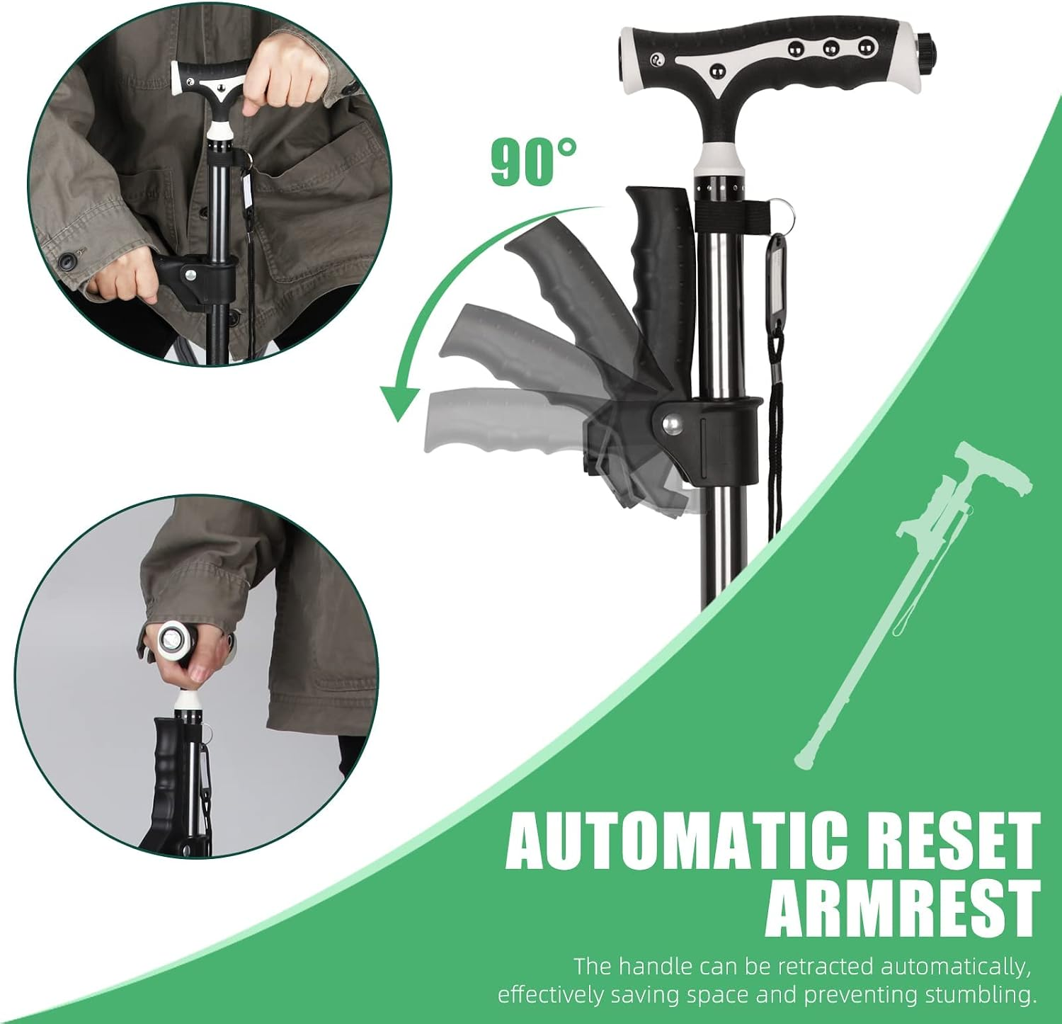 Foldable Adjustable Walking Cane with LED Light and Freestanding Base – Black