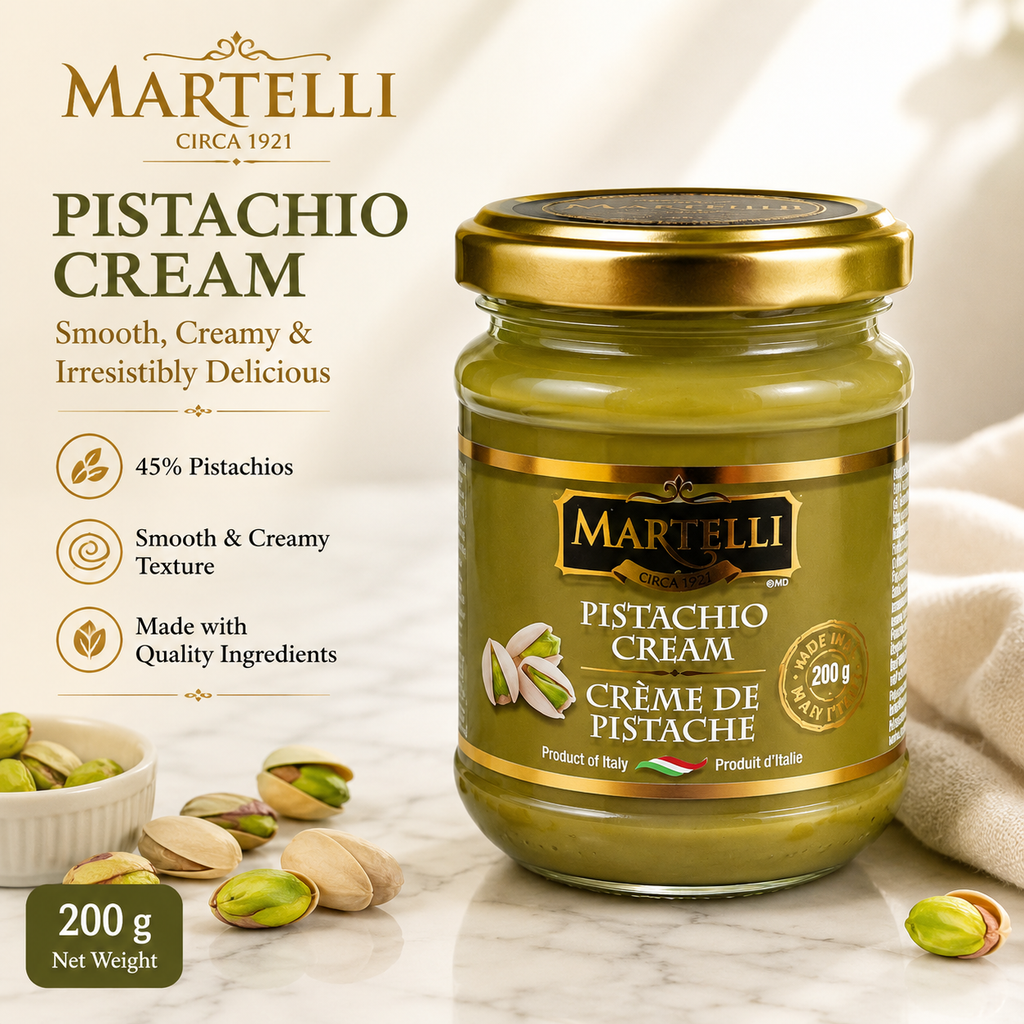 Martelli Pistachio Cream 200g, 45% Pistachios, Smooth & Creamy Spread for Toast, Desserts & Baking, Best Before Jan 22, 2027