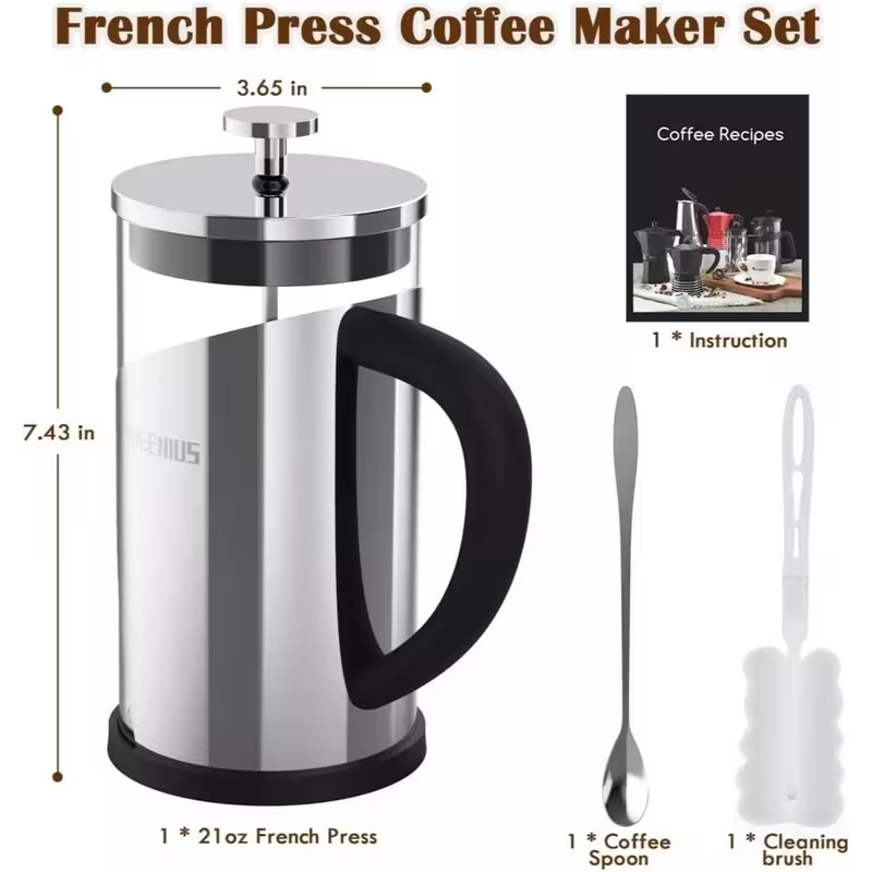 600ML French Press Coffee Maker – Stainless Steel & Glass Coffee Press with 4-Level Filtration for Coffee & Tea