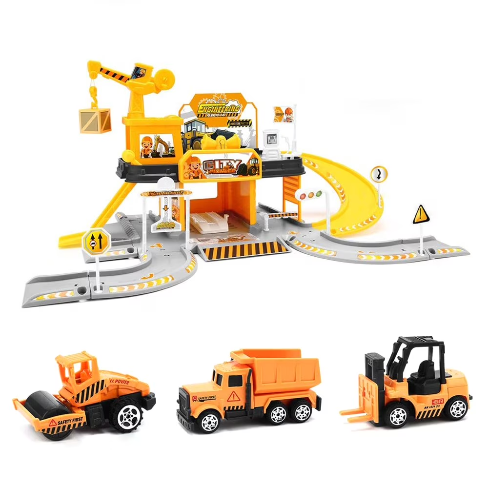 Construction Vehicle Parking Garage Playset with 3 Metal Cars, Track Ramp Building Set, Light & Sound Toy, Ages 3+