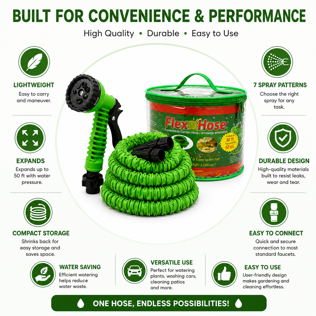 Expandable Garden Hose with 7-Pattern Spray Nozzle, Flexible Lightweight Water Hose with Storage Bag, 50 ft