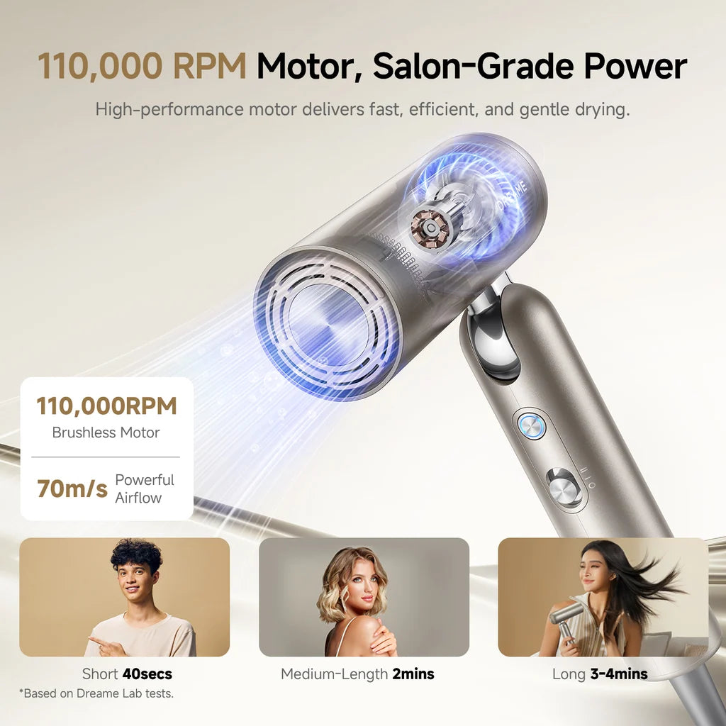Open Box – Dreame Pocket Pro Foldable Ionic Hair Dryer, 120–240V, with Styling Attachments & Travel Pouch
