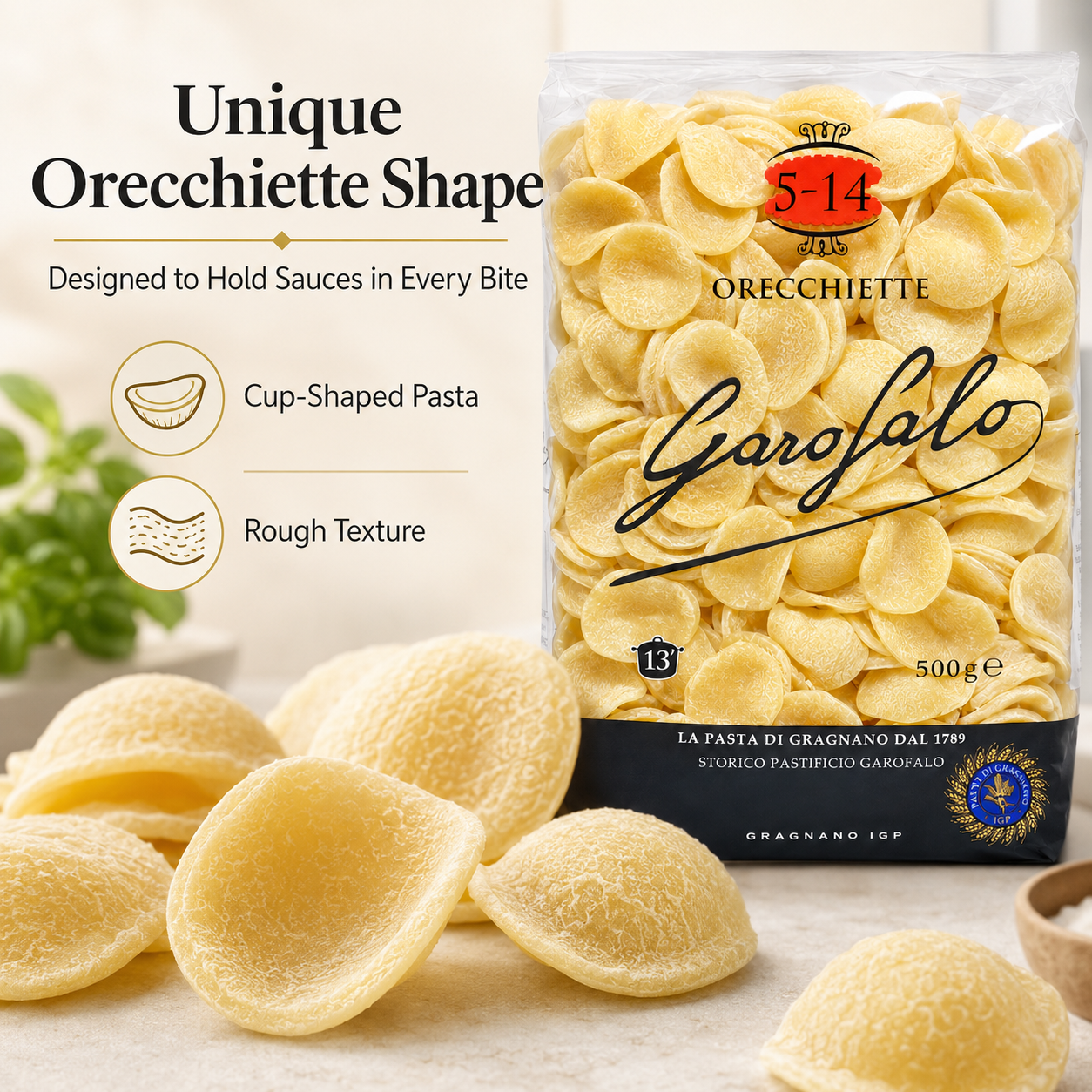 Garofalo Orecchiette Pasta 500g x 2 Packs – Cup-Shaped Durum Wheat Pasta, 13-Minute Cooking Time