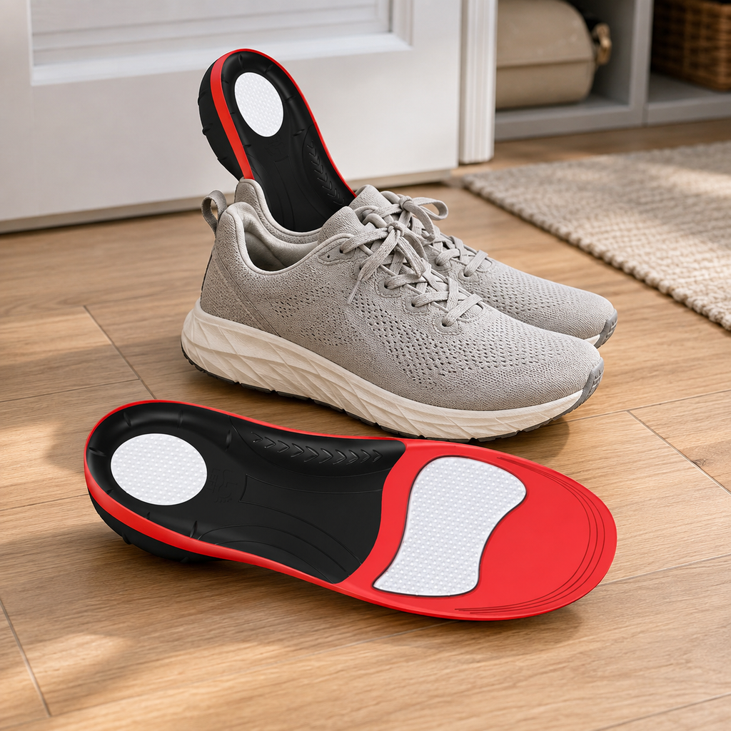 Full-Length Supportive Gel Insoles with Cushioned Heel and Breathable Fabric for Everyday Shoes, Red & Black