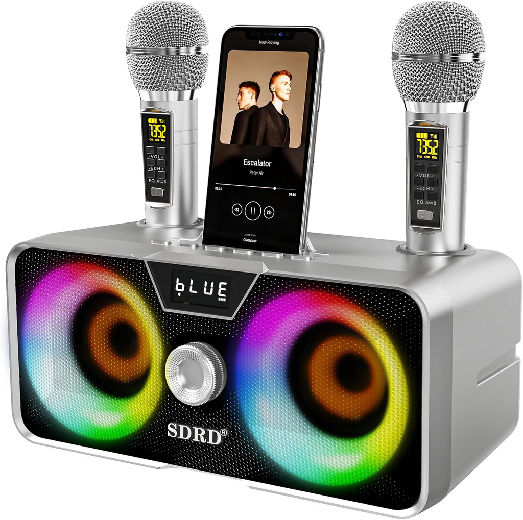 Portable Bluetooth Karaoke Machine with 2 UHF Wireless Microphones, LED Party Lights and Phone Holder – Grey