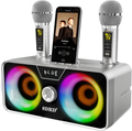 Portable Bluetooth Karaoke Machine with 2 UHF Wireless Microphones, LED Party Lights and Phone Holder – Grey