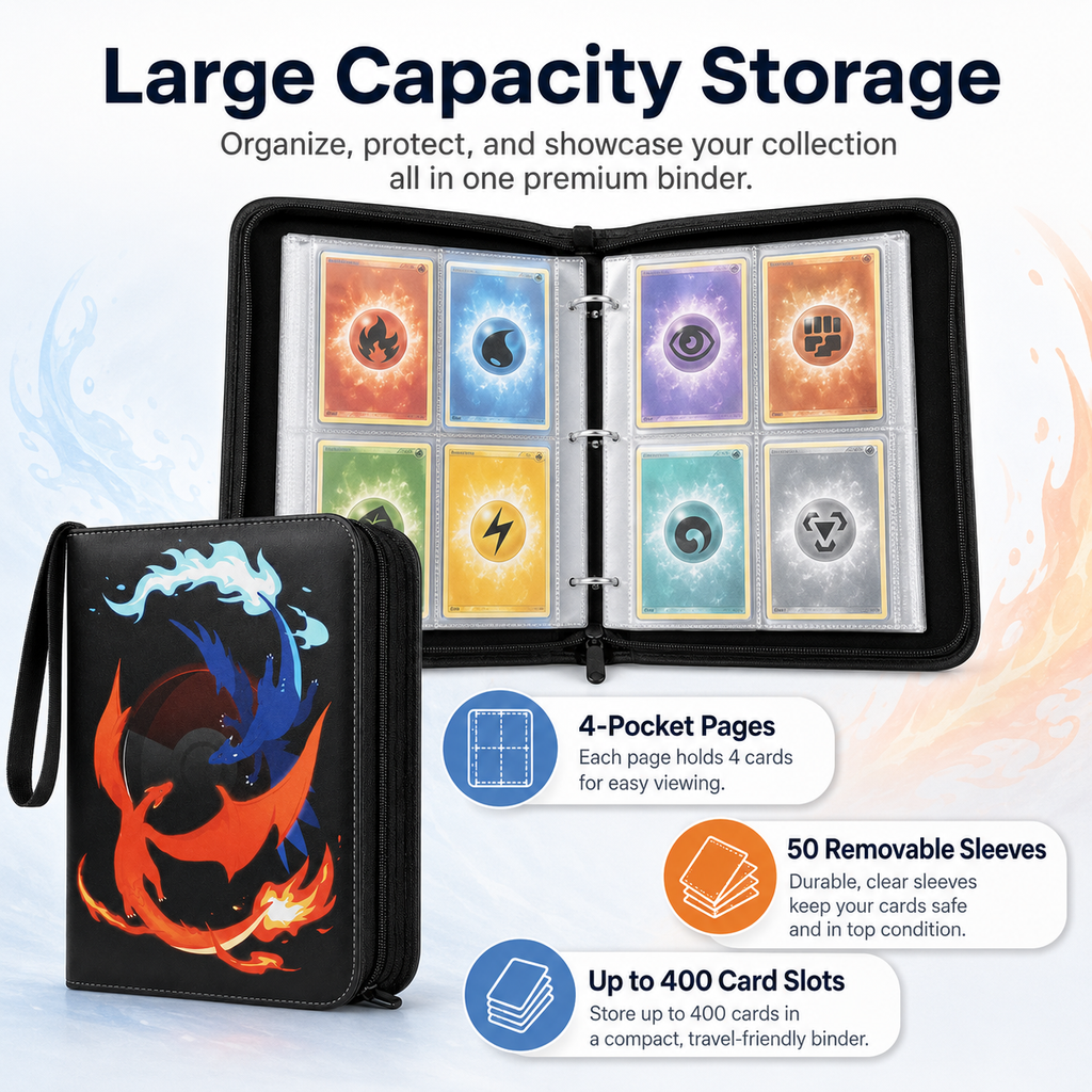 4-Pocket Trading Card Binder with 50 Removable Sleeves, Up to 400-Card Capacity, Zipper Closure & Wrist Strap